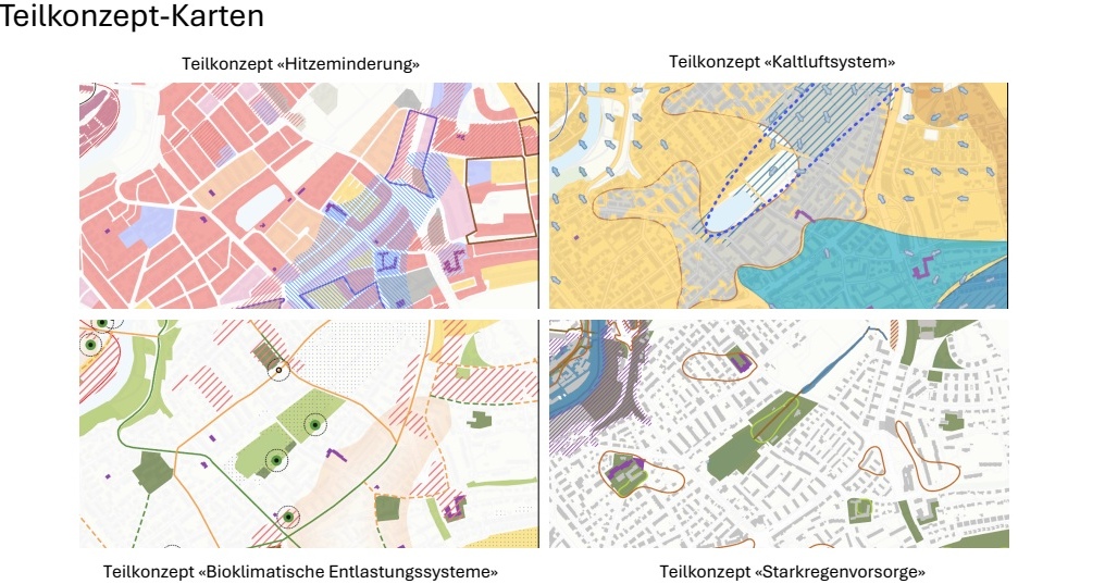 Vier Kartenausschnitte zu Hitzeminderung, Kaltluft, bioklimatischer Entlastung und Starkregenvorsorge